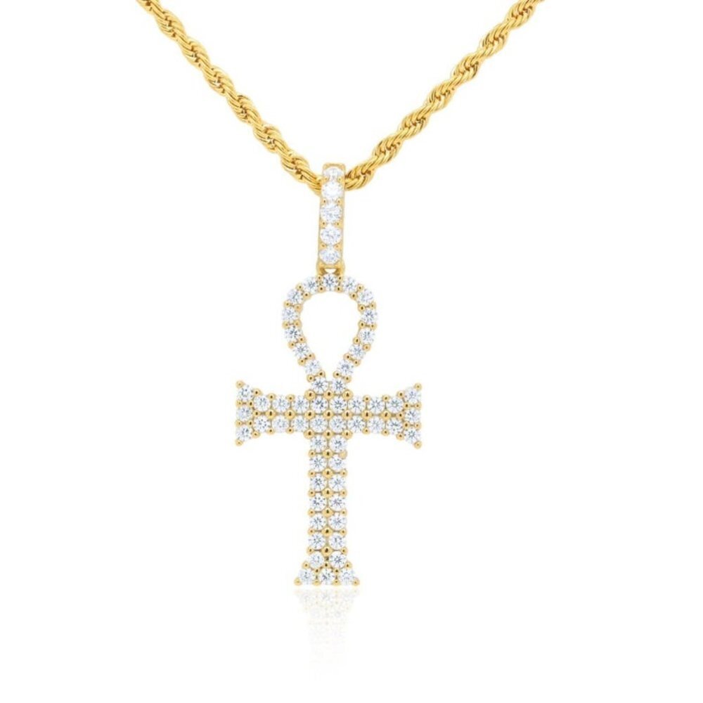 Women's 14K Gold Finish Diamond Ankh Pendant & Rope Chain